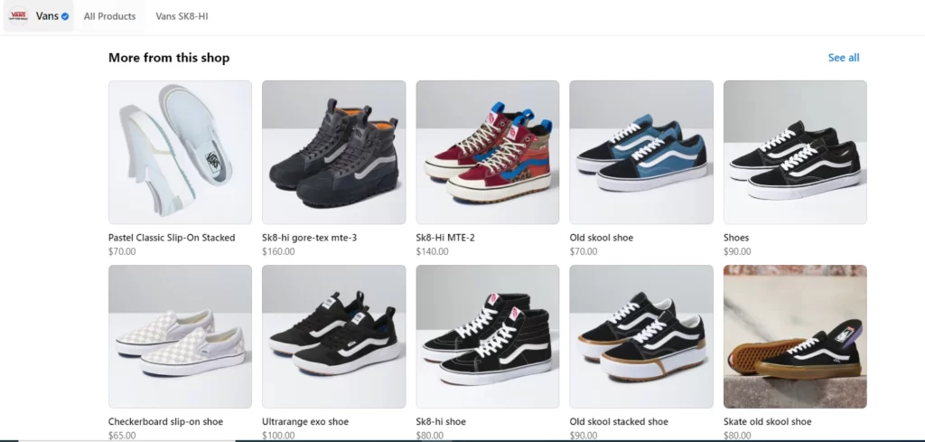 Facebook Shop Example - Vans